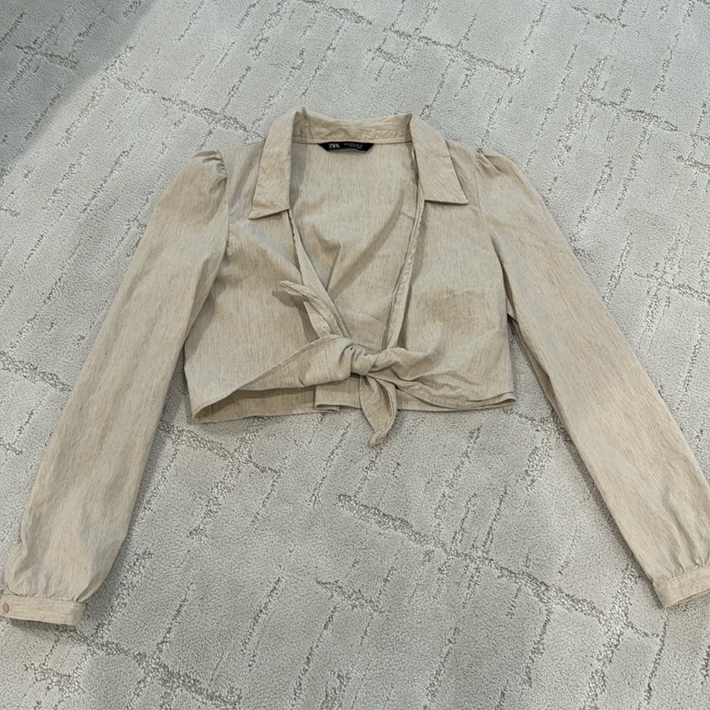 zara linen tie crop long sleeve